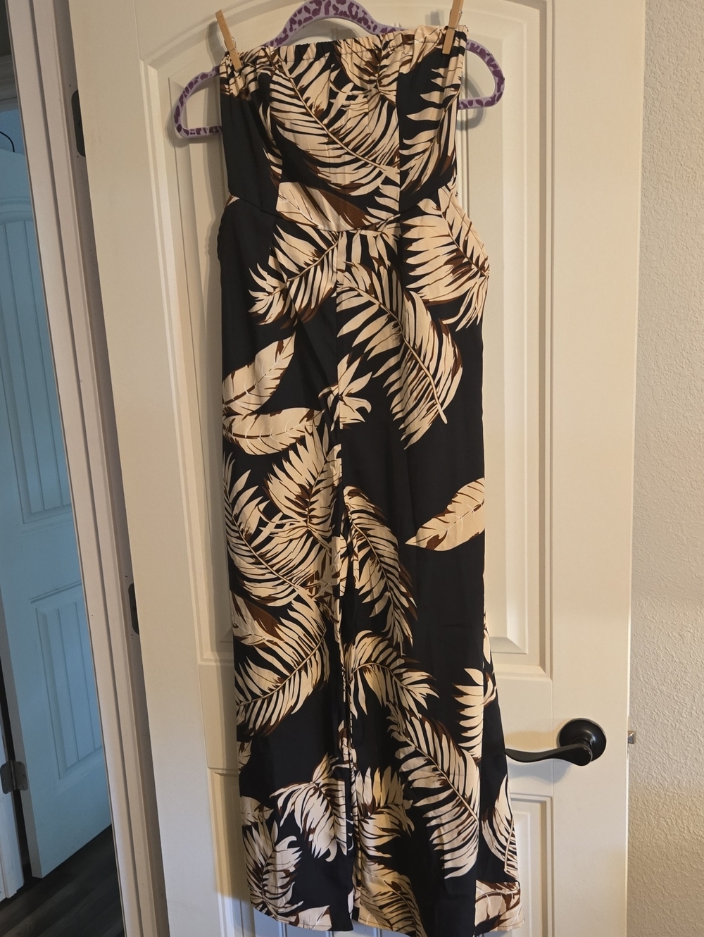 Strapless Black Romper with Cream Leaf Print